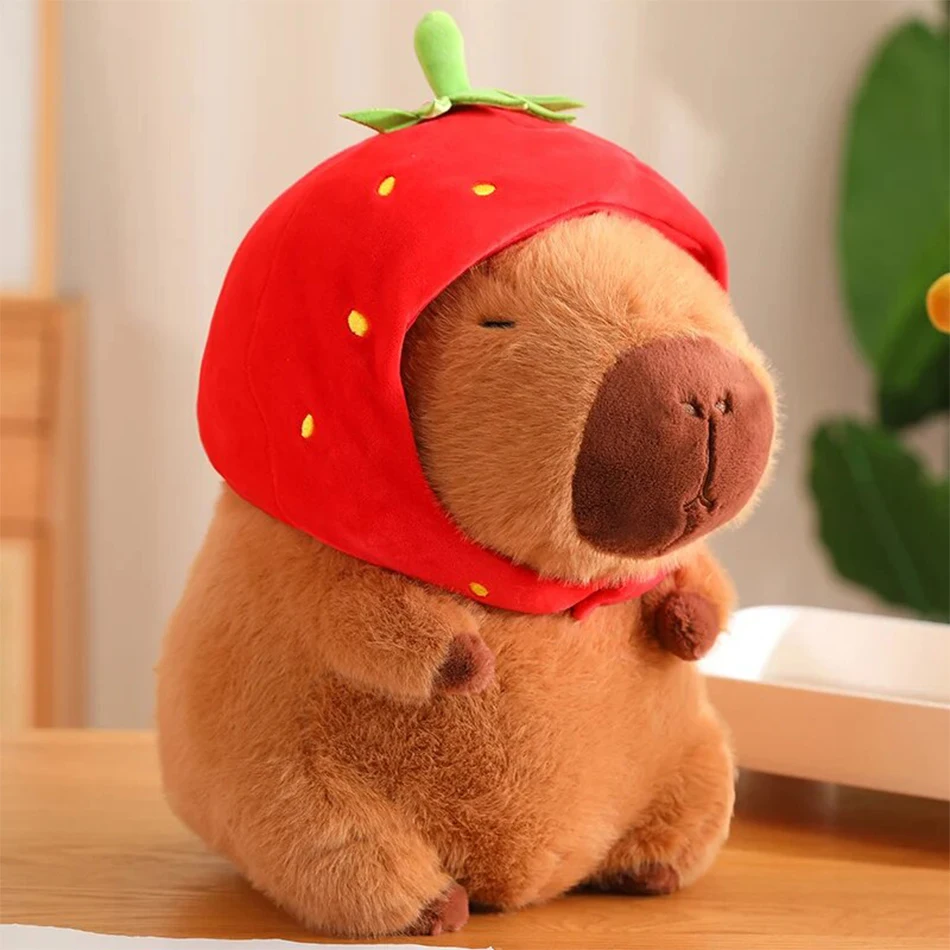 Cute Capybara Plush Toy Kawaii Fluffy Capybara With Turtle Bag Strawberry Cap Stuffed Animals Kids Gift Home Decoration