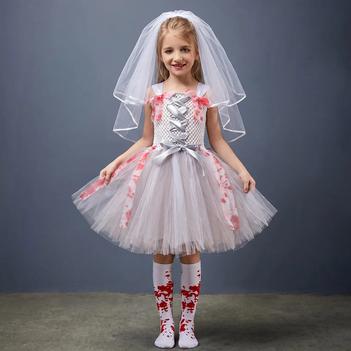 Girls Zombie Bride Costume Grey Tulle Tutu Dress with Veil Red Blood Print Halloween Outfit Set for Kids Party Fancy Dress