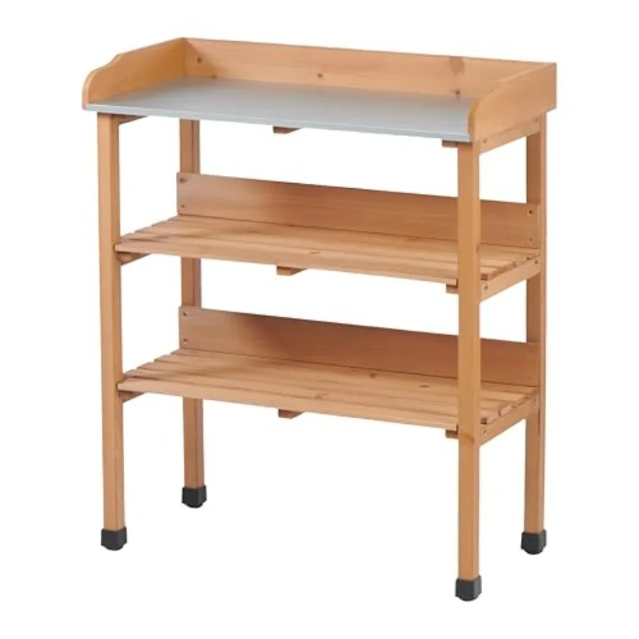 Potting Bench with Metal Tabletop 3-Tier Outdoor Potting Table for Garden Solid Wood Workstation with Hooks for Garage Light Br