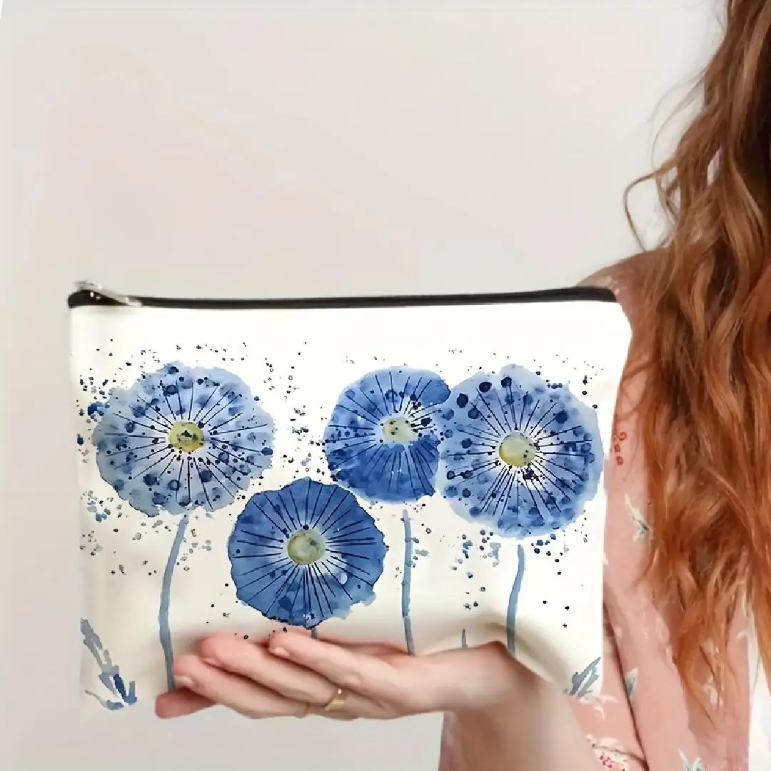 수채화 파란색 꽃 화장품 가방 - 여성용 귀여운 다기능 지퍼 파우치, 보석 보관 가방