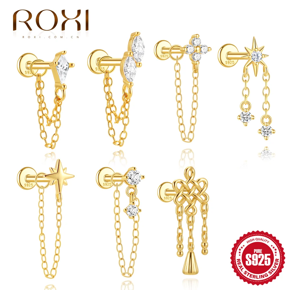 ROXI 925 Sterling Silver Horse Eye/Star/Smooth Chinese Knot Chain Tassel Women's Cartilage Helix Piercing Earrings Fine Jewelry