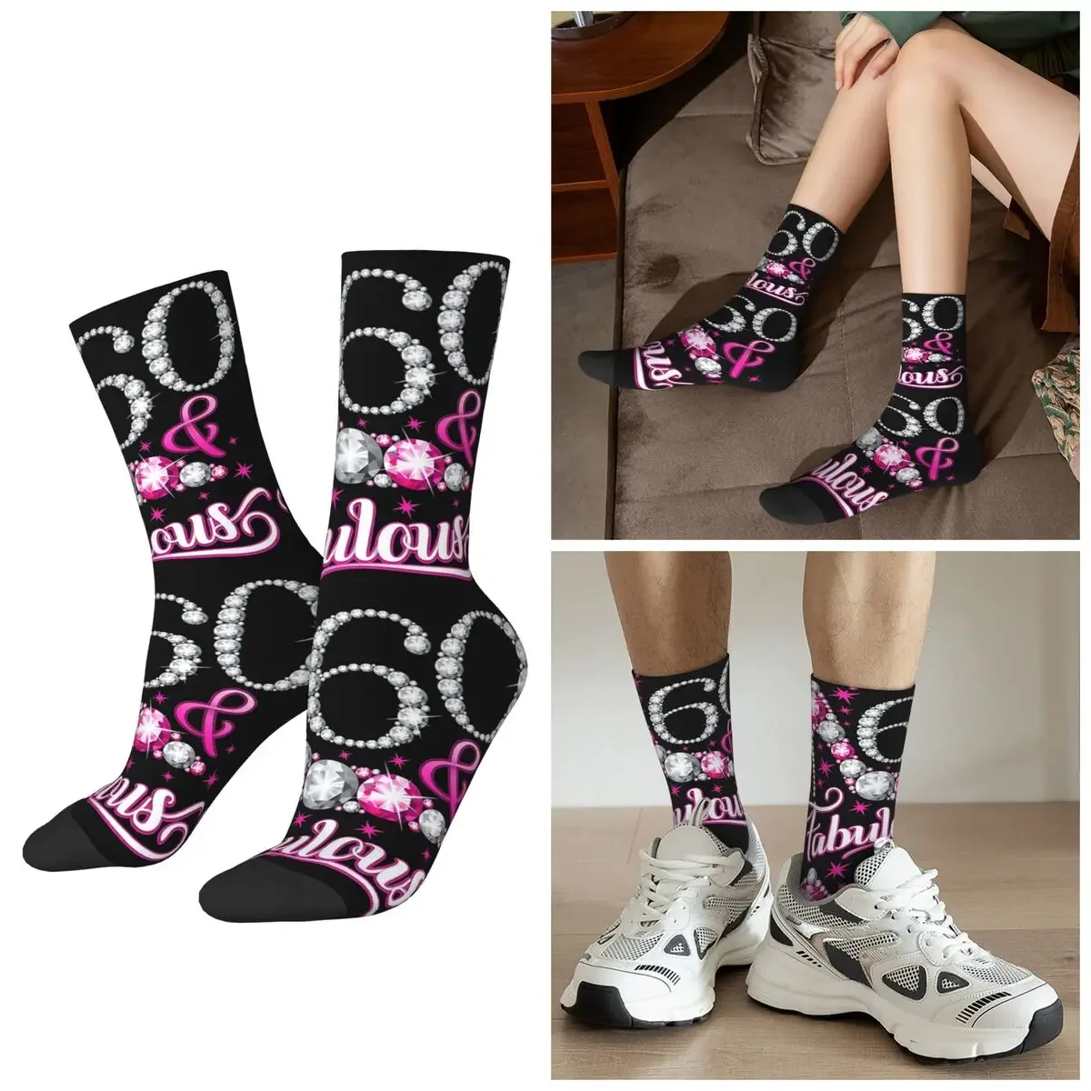 

All Seasons 60th Birthday Design. 60 And Fabulous Lady's Socks Harajuku Sport Middle Tube Socks Casual Stockings Day Gifts
