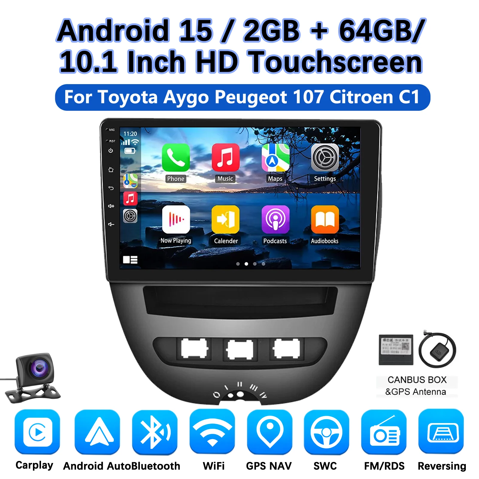 MOPECT 10'' Draadloze CarPlay Autoradio voor Toyota Aygo 2004-2014/PEUGEOT 107/Citroen C1 Android GPS Autoradio FM AM BT DAB+ DVR