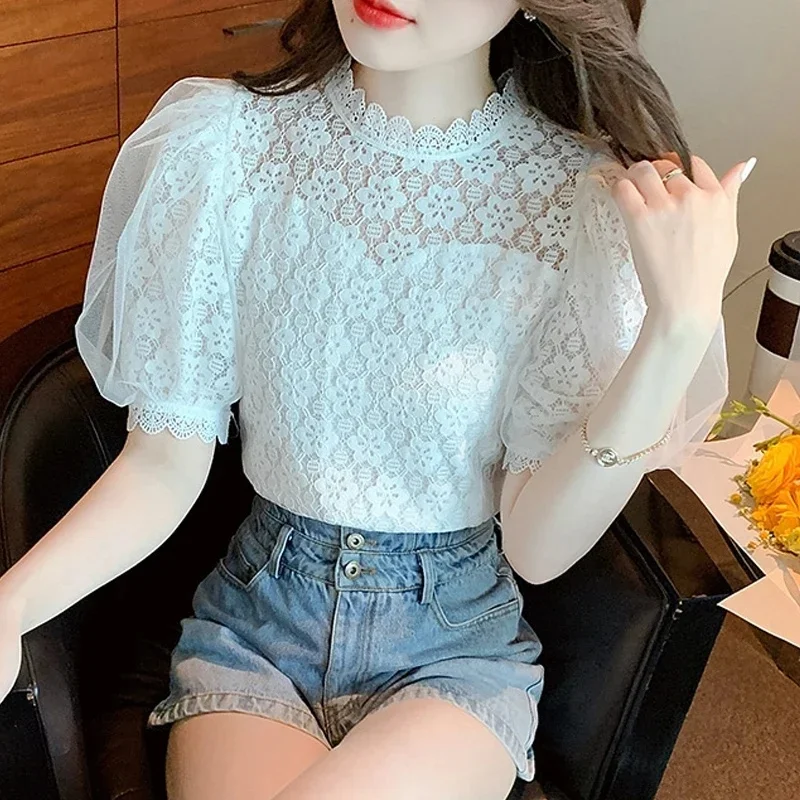 Summer Hollow Out Short Puff Sleeve White Blouse Sweet Lace Shirt Fashion Elegant Stand Collar Tops