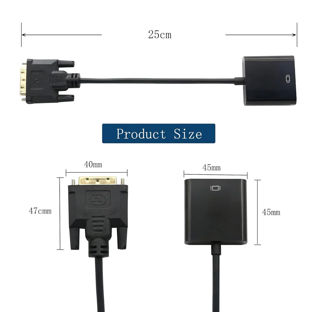 DVI-D to VGA Adapter Dual Link DVI24+1 Male to VGA Female Video Extension Cable Adapter 1080P for DVI-D Host to VGA Monitor