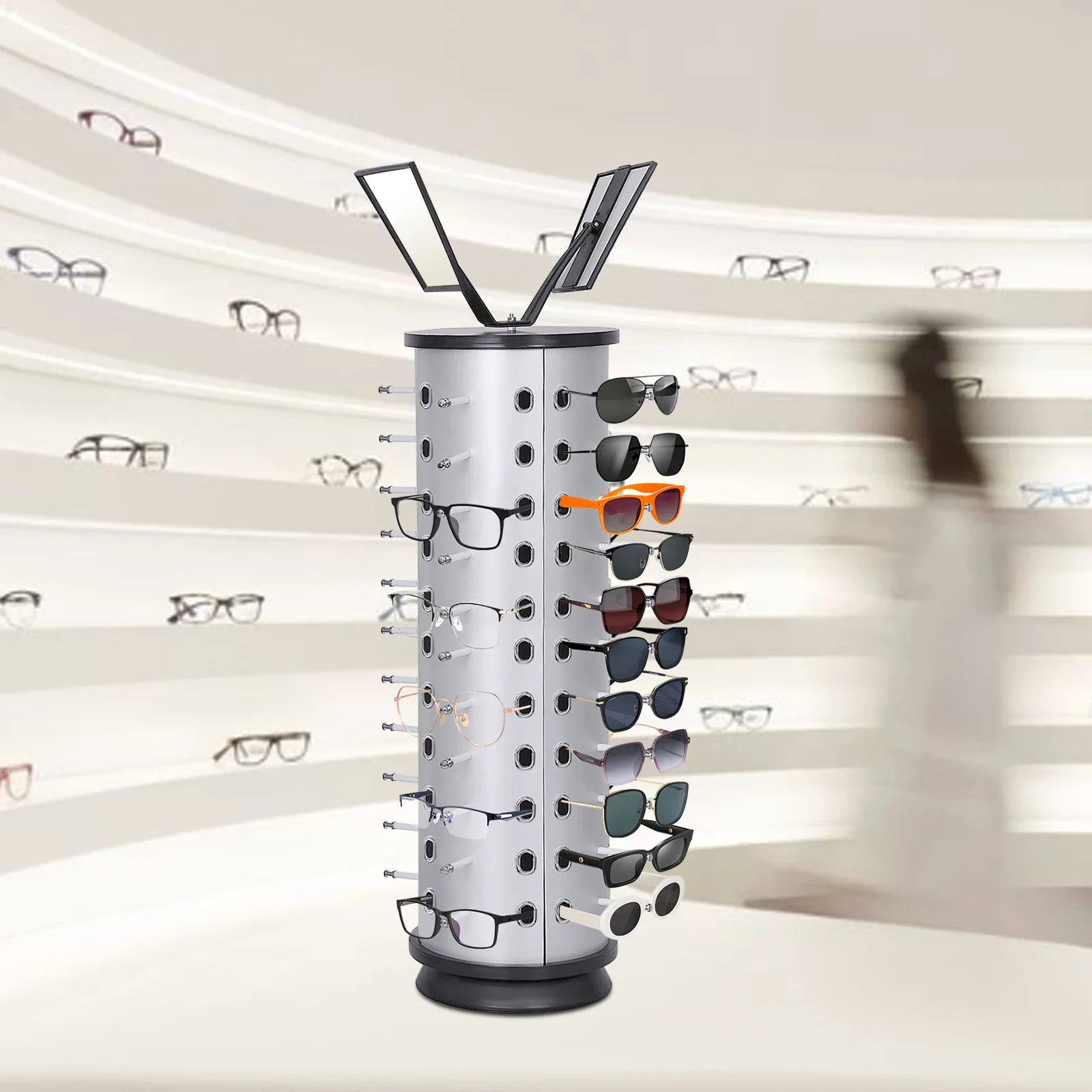 44 Pairs Glass Rotating Sunglass Display Rack Freestanding W/ Mirror Eyeglasses Stand, Commercial Eyewear Organizer for Store