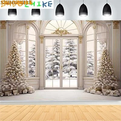 

Christmas Day New Year Party Photography Backdrops Prop Window Living Room Interior Xmas Tree Snow Theme Photo Background FN-64
