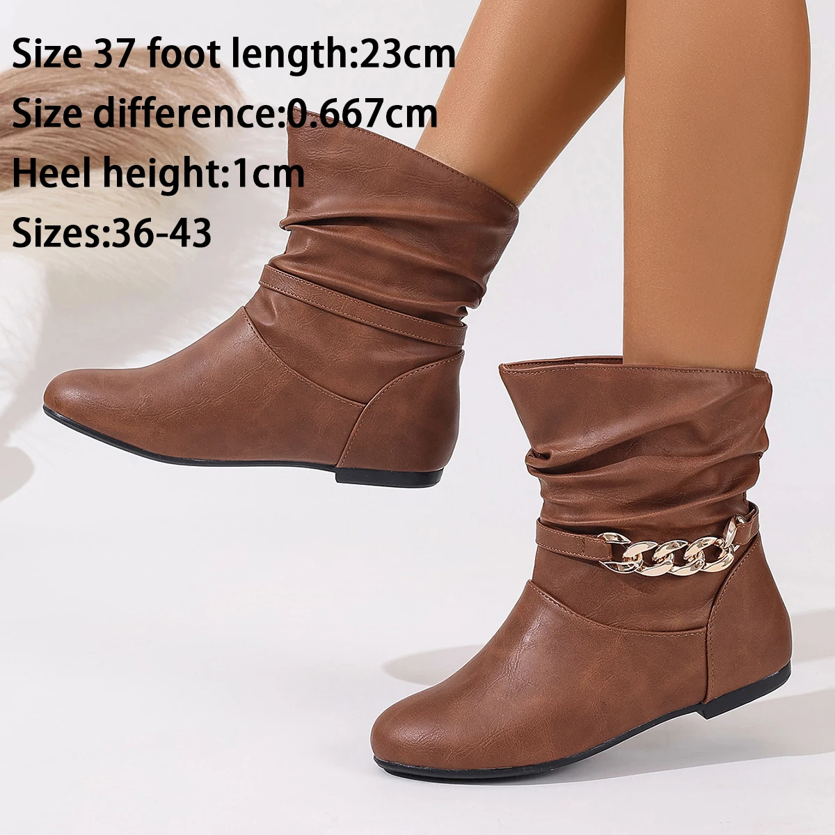 

Women's Brown Loose Ankle Boots with Gold Chain Decoration, Flat Round-Toe Casual Short Boots for Spring and Autumn