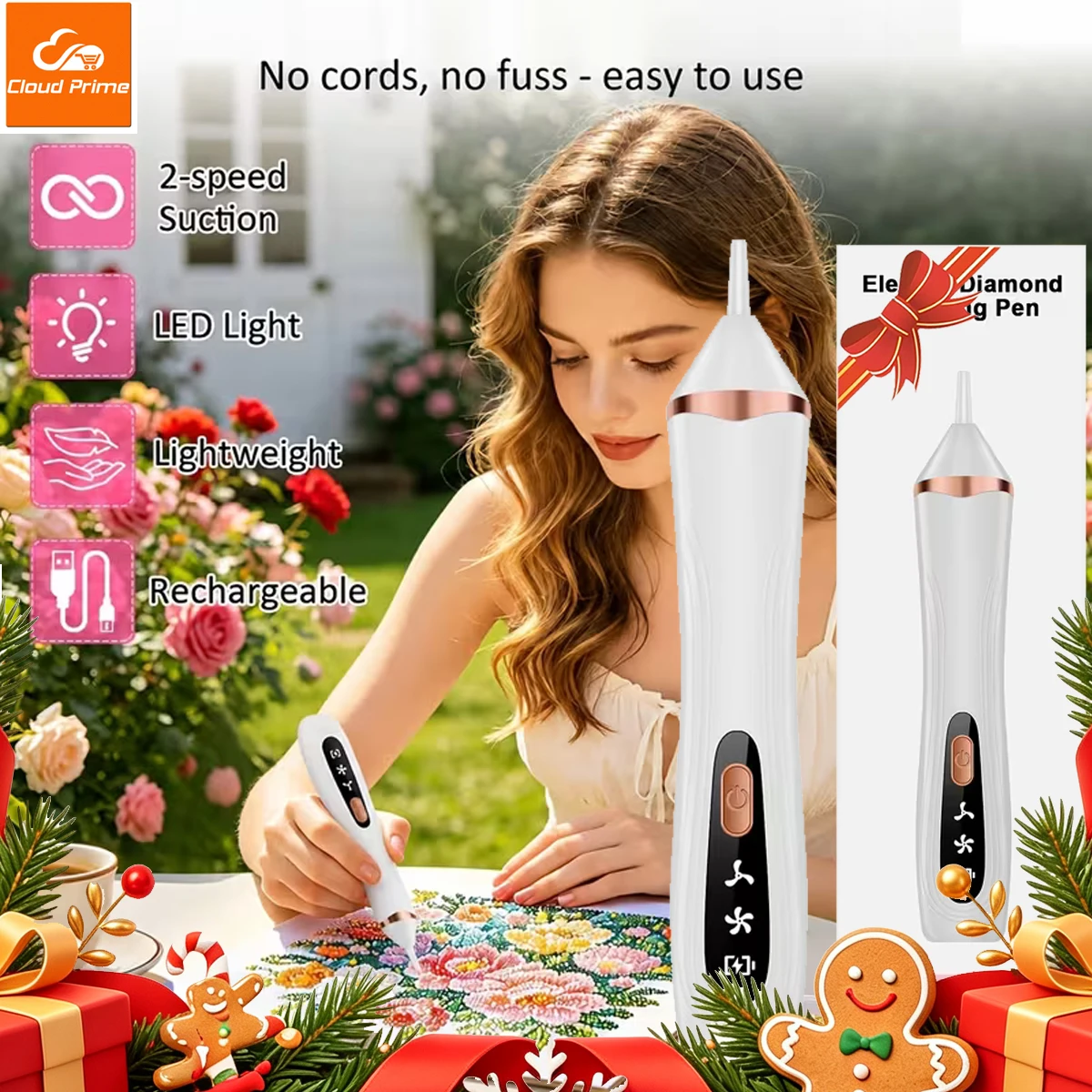 Cloud Prime Electric Diamond Painting Pen 2-Speed Strong Suction Diamond Art Pen Wax-Free Tool for Faster Precise DIY Rhinestone Painting For Christmas And New Year Gifts