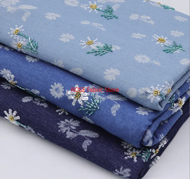 Tela vaquera azul con bordado de cuentas y lentejuelas de Margarita Para pantalones, chaqueta, Telas Para Costura, Tissus Couture, Material de costura