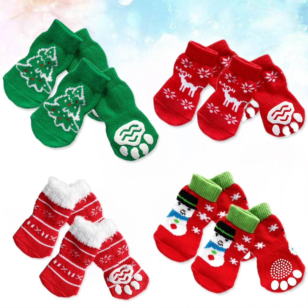

4Sets Pet Dog Cat Socks Non Slip Cotton Christmas Pattern Socks Size Paws Warm Snow Ice Salt Cartoon Design