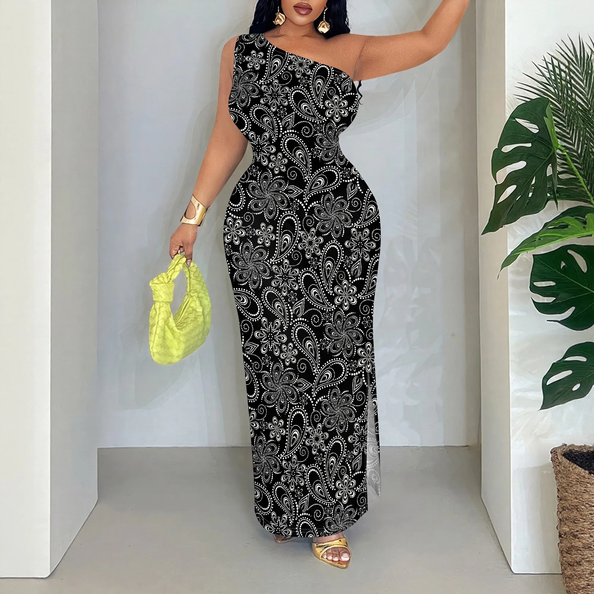 

Paisley Print One Shoulder Maxi Dress, Floral Pattern Evening Gown, Sleeveless Bodycon Party Wear for Women, S-2XL