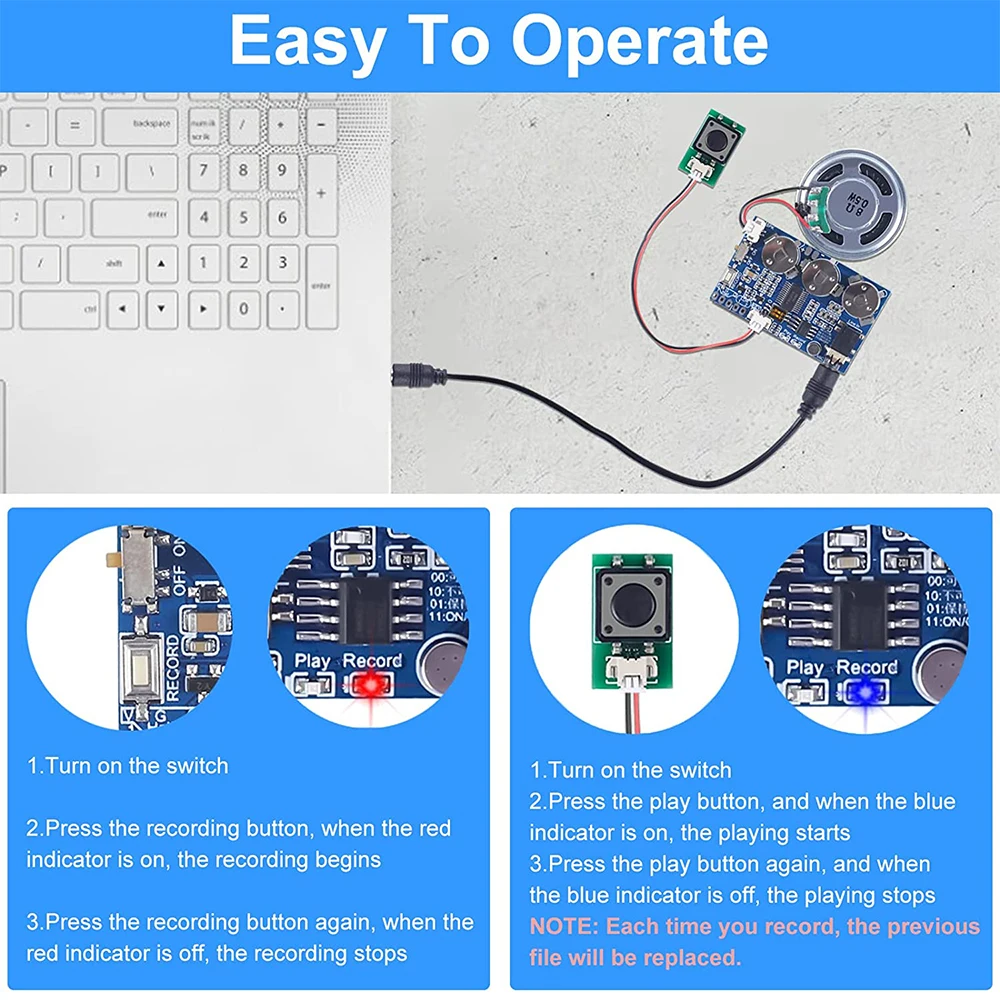 Voice Recording Playback Module 17 min Sound Recordable Boared Button Control DIY Music 8M Programmable MIC/PC/Phone Recording