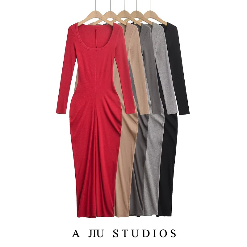 

Pure Desire Sexy Kardaian U-ne Waist-cinching Long Sve Bodycon Dr Spring Autumn Wrap Skirt Split Long Dr