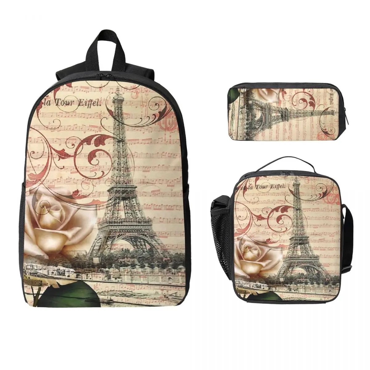 Dark Academia French Botanical White Rose Paris Eiffel Tower Backpack BookBag School Bag 3ps Insulated Lunch Bag Pencil Case