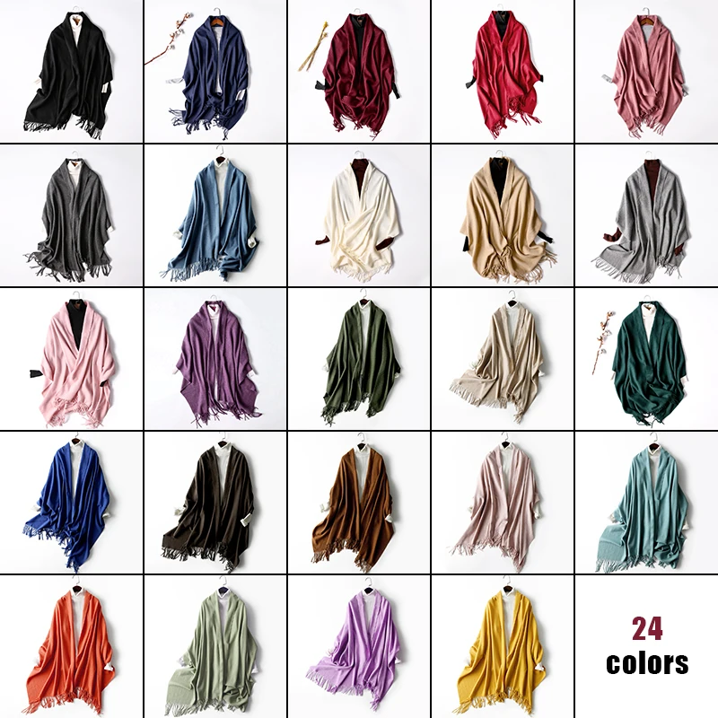 Lady Autumn Winter Solid Color Thicken Dual Purpose Scarf  Poncho 30% Australian Wool Warm Shawl Wrap Women Fashion Tassel Scarf