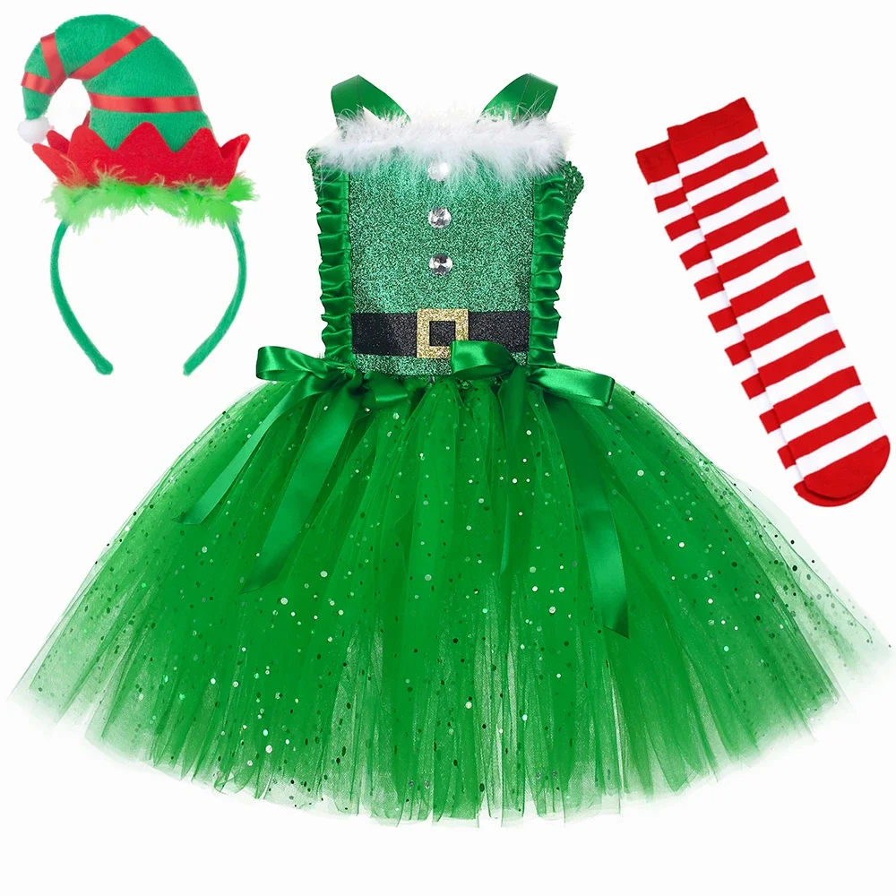 Girls Christmas Elf Tutu Dress Outfit Glitter Green Tulle Dress Elf Costume for Kids Toddler Xmas Party Holiday Dress Up Clothes