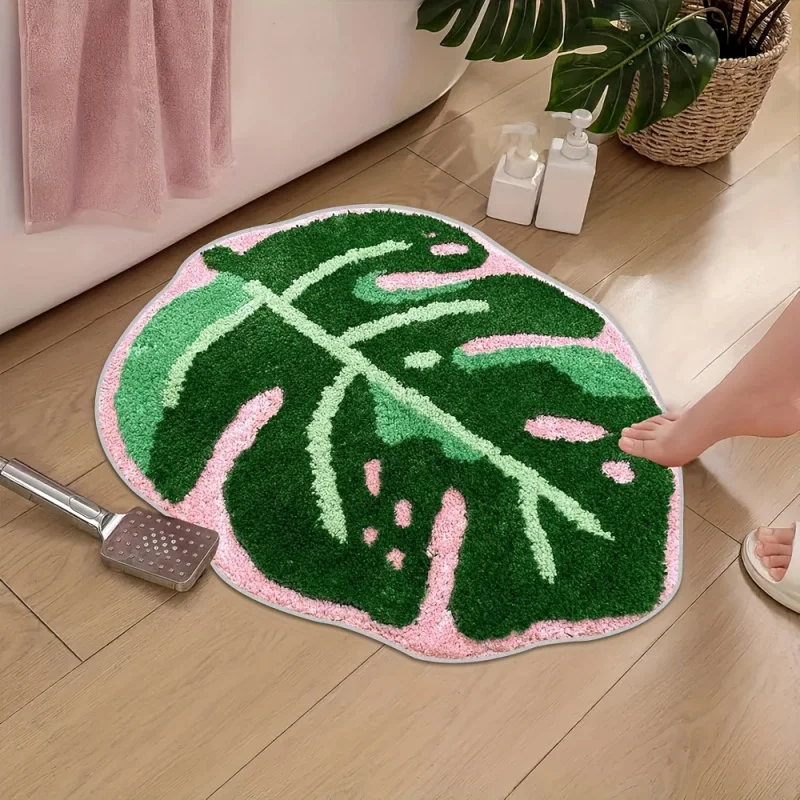 VIKAMA Pink Tropical Leaf Plush Carpet Irregular Shape Bedroom Bathroom Floor Mat Soft And Non-Slip Foot Mat Home Decoration