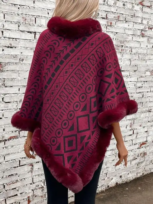 

Light Drizzle, Fur Collar, Spliced Pullover, Women's Knitted Cloak, Geometric Pattern, Loose Casual Sweater, Shawl, Top, Women