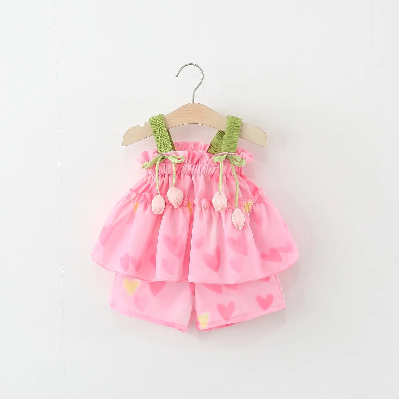 2pc/Set Baby Girl Set Summer Tulip And Heart Pattern Splendid Camisole Girl Outfit Cute Casual Toddler Girl Clothes