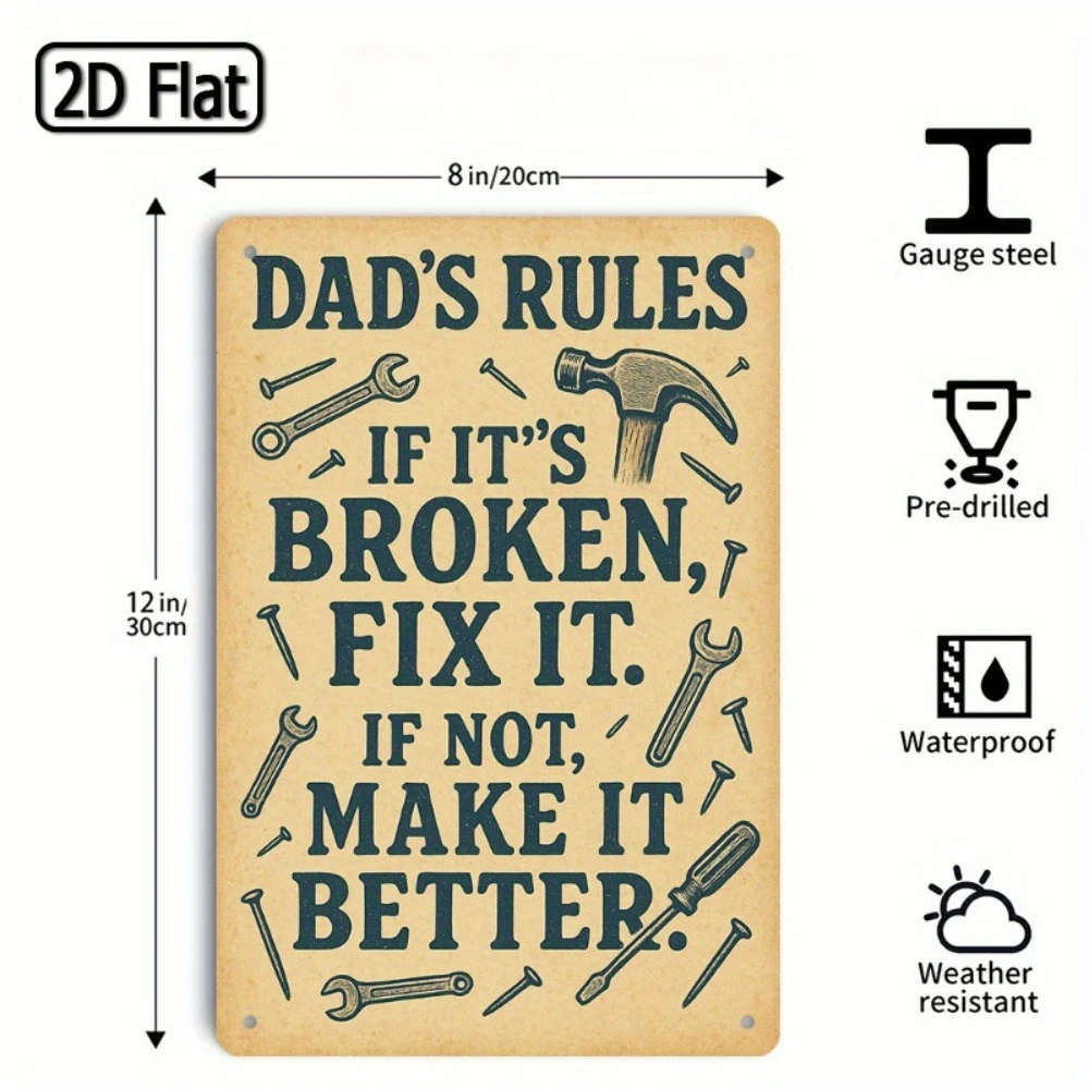 Dad's Rules Workshop Iron Metal Tin Sign 8x12inch Rustic Wall Decor Plaque for Garage Office