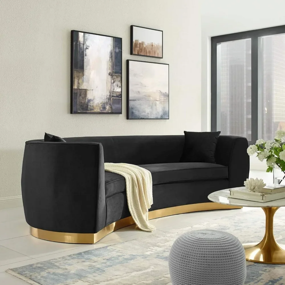 

Curved Sofas Retro Modern Back Upholstered Velvet with Two Throw Pillows, Sofa, Black Sofa Living Room Furniture