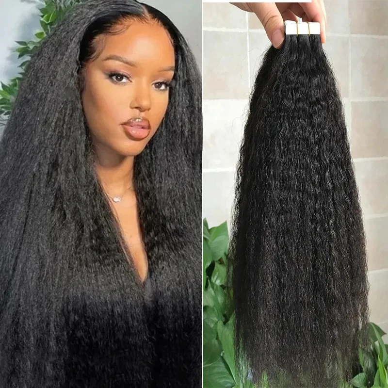 

Realistic Natural Kinky Straight Tape in Virgin Hair 30 Inch Human Hair Extension Unprocessed No Weft PU Black Hair Curly Bundle