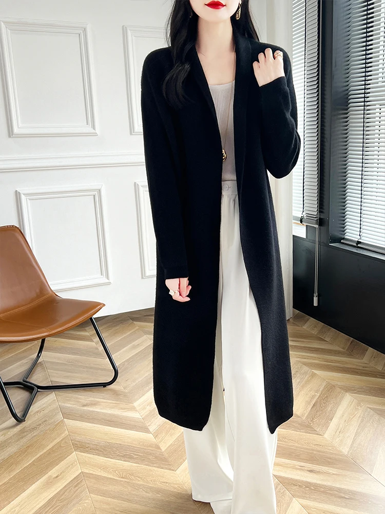 2024 Women Long Cardigan Cashmere Sweater Spring Autumn Winter Office Lady Loose Coat 100% Merino Wool Knitwear Korean Fashion