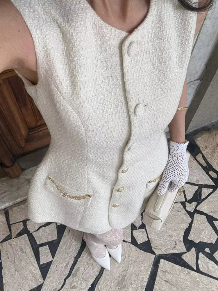 

Элегантное твидовое стильное платье с завязкой на талии, женские однобортные платья трапециевидной формы без рукавов с круглым вырезом, женские платья 2026, новые повседневные платья