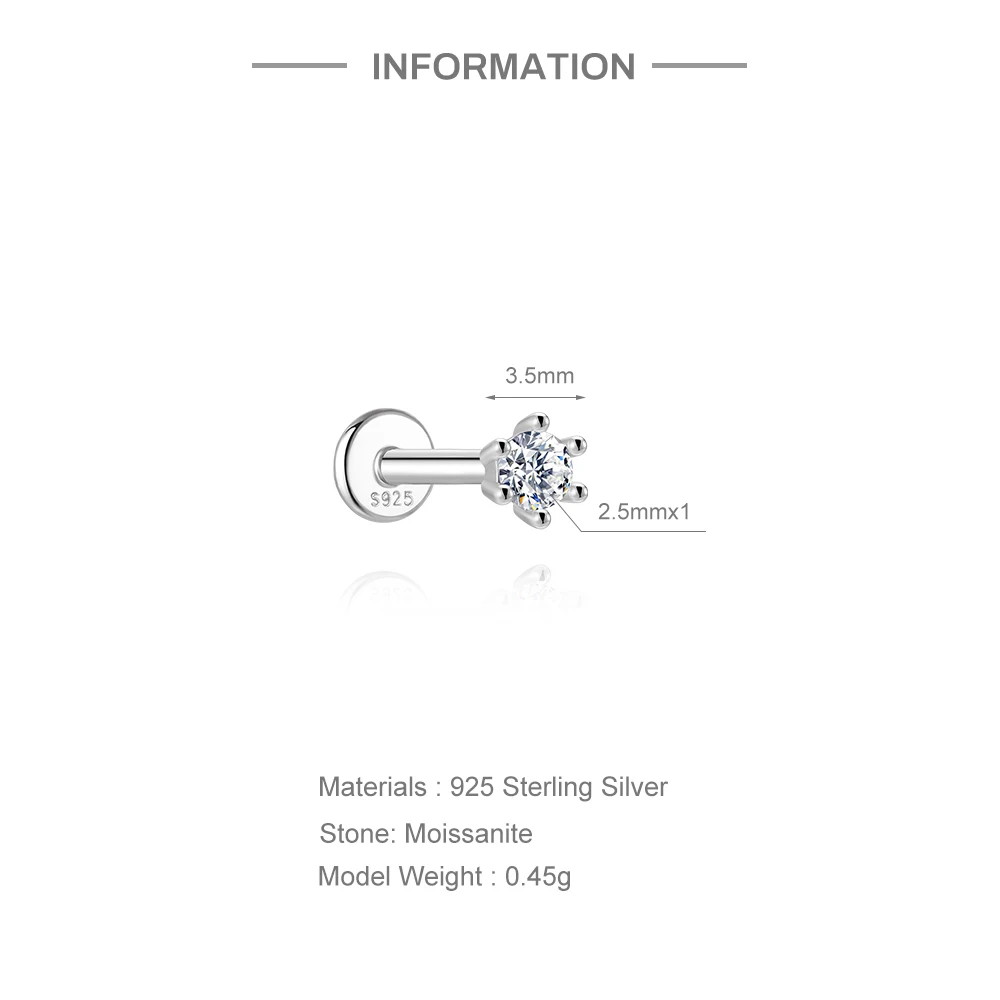 Aide Moissanit-Diamant-Ohrstecker für Damen, originales 925er-Sterlingsilber, Schraubverschluss, Damen-Moissanit-Ohrring mit flacher Rückseite, Juwel
