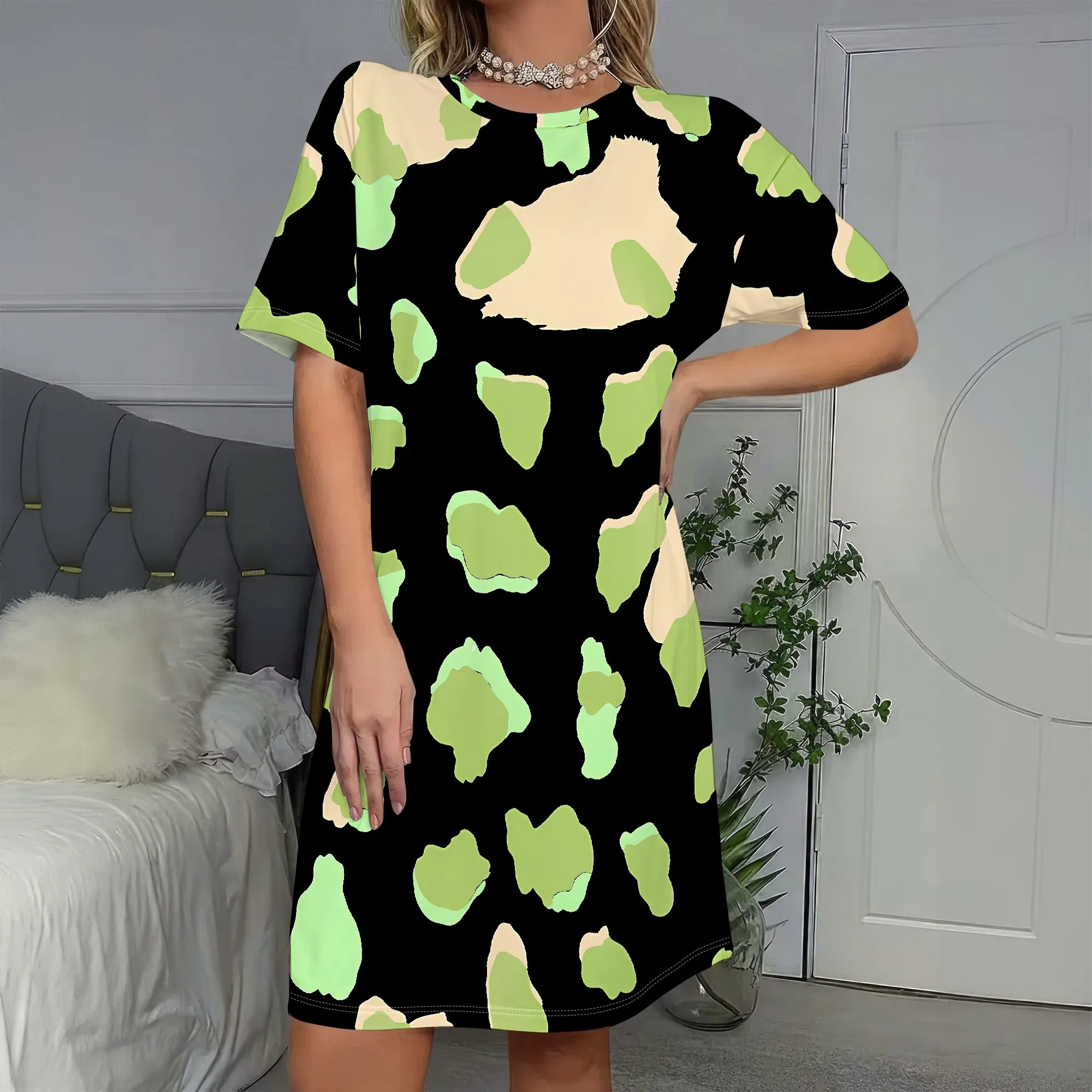 

Abstract Art Print, Short Sleeve Dress, Black Base with Green Beige Blobs, Casual Loose Fit, Women's Daily Wear, S-2XL