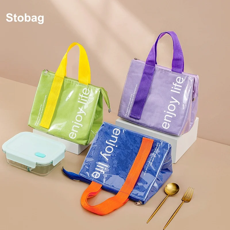 

StoBag 5pcs Color Lunch Box Bags Insulation PU Waterproof Cute with Handle for Food Packaging Storage Handbag Portable Pouch