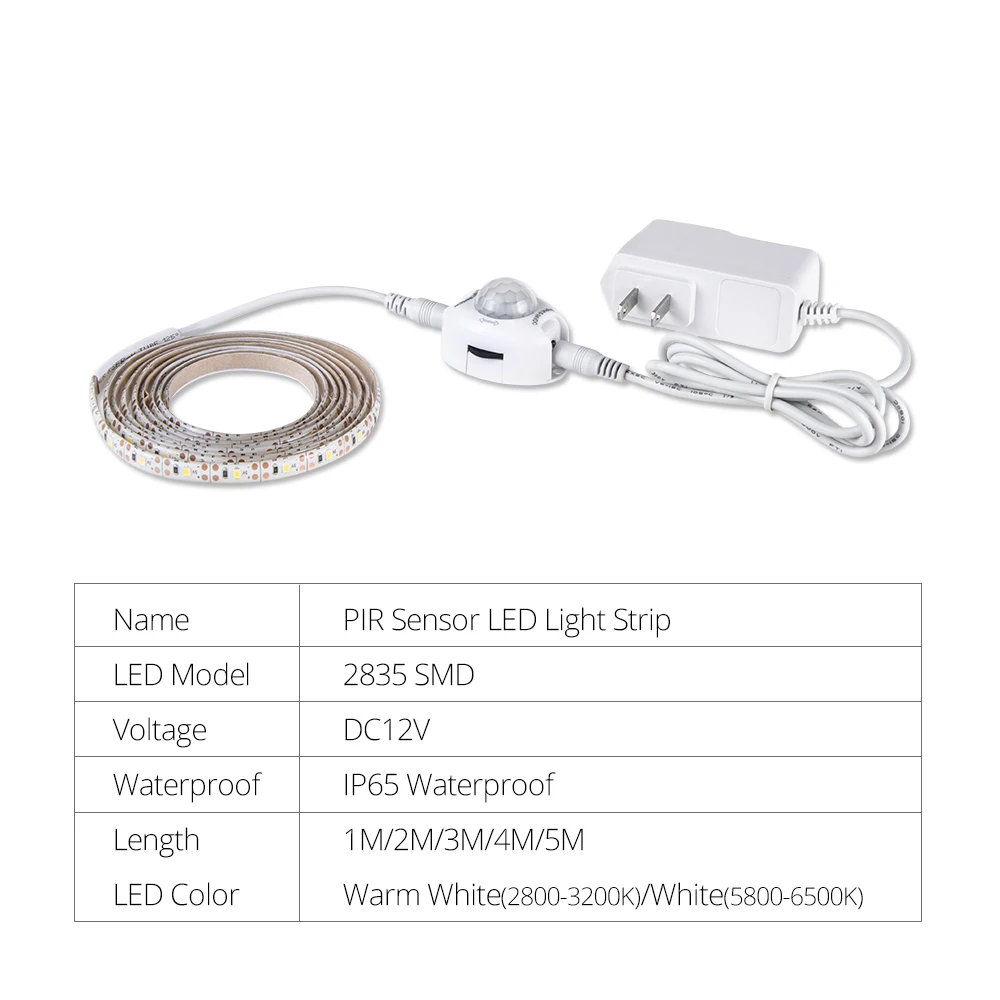 1M-5M PIR Motion Sensor 12V LED Strip Light Auto On/Off Human Body Induction LED Tape for Cabinet Stairs Wardrobe Closet Kitchen