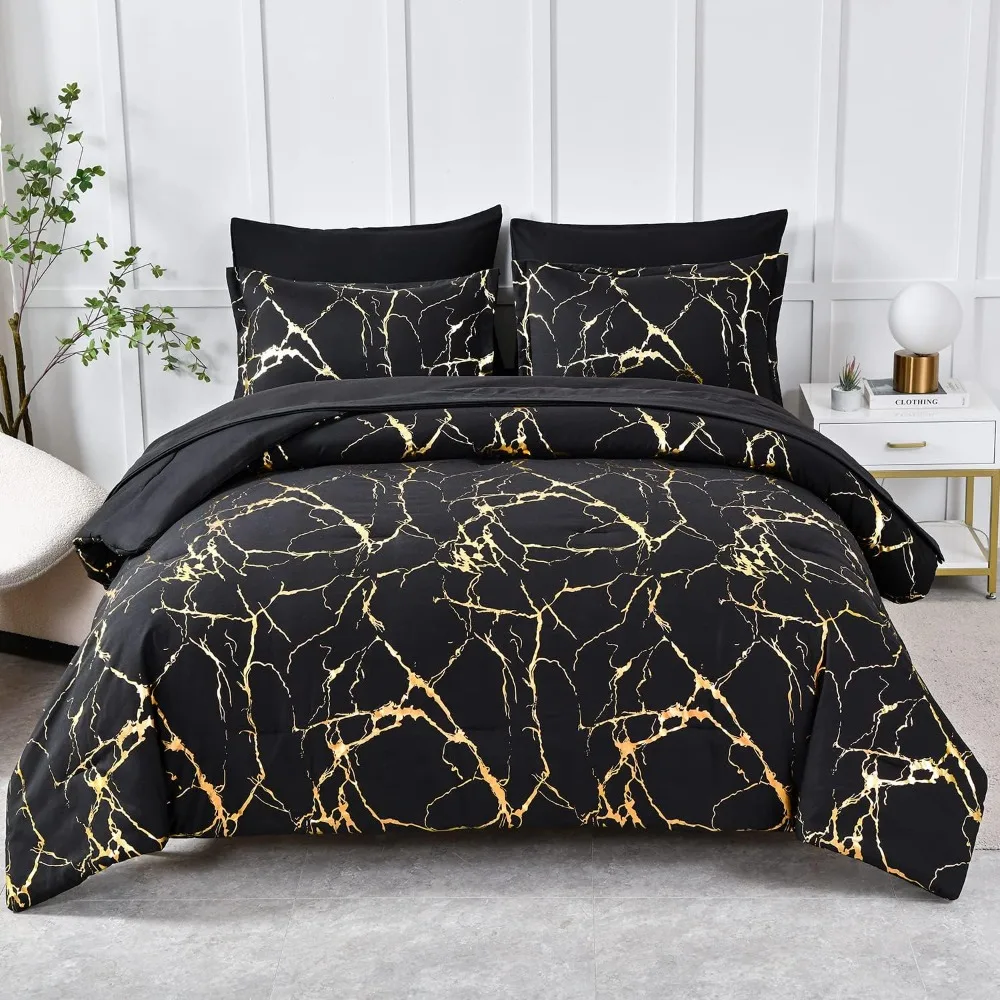 

Bedding Comforter Set, 7 Piece Bed in A Bag,Foil Print Glitter Black and Sheet Set,All Season Soft Microfiber, Bed Sheet