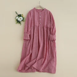 Jpanese Mori Girl Vintage Plaid Cotton Long Dress Women Spring Summer V-neck Long Sleeve Casual Loose A-Line Midi Dresses
