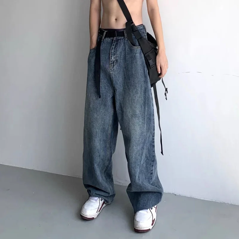 Harajuku Retro Jeans For Women Men Ins Loose Straight Legged Wide Leg Pants Solid Color Trendy High Street Daddy Trousers