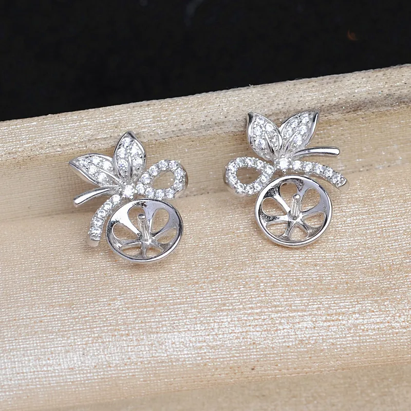 Bow Knot S925 Sterling Silver Earrings Base Findings Mountings Jewelry Mounts Fittings Accessories for 8-10mm Pearls 3 pairs/lot