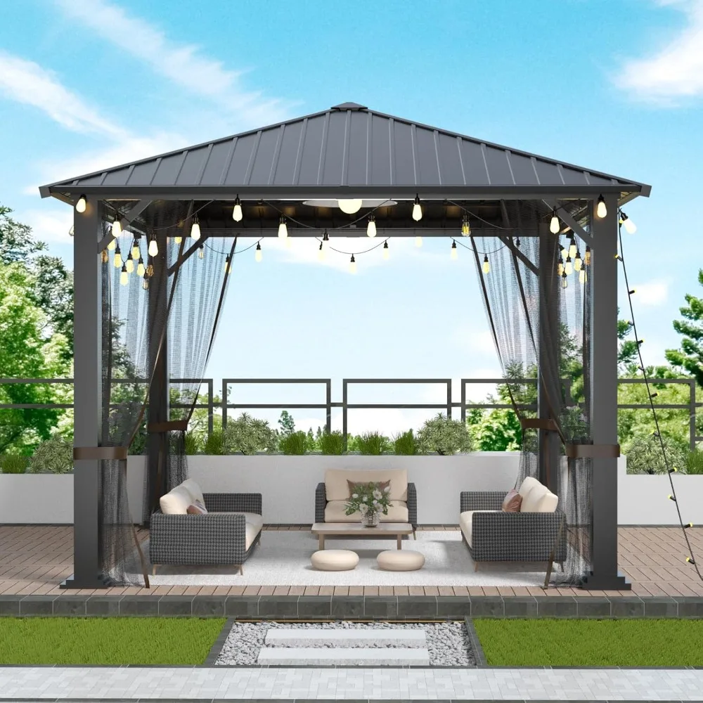 Gazebo con tetto rigido 10x10, pergola in acciaio zincato resistente con zanzariere, robusta tenda per tetti da esterno, gazebo in metallo