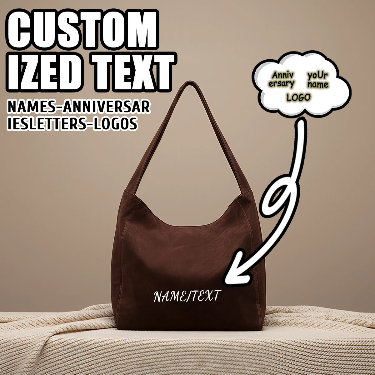 

Custom Logo Tote Bag for Women, Large Capacity, Vintage Commuter Vacation Travel Bag, Single Shoulder Handbag, Suede DIY