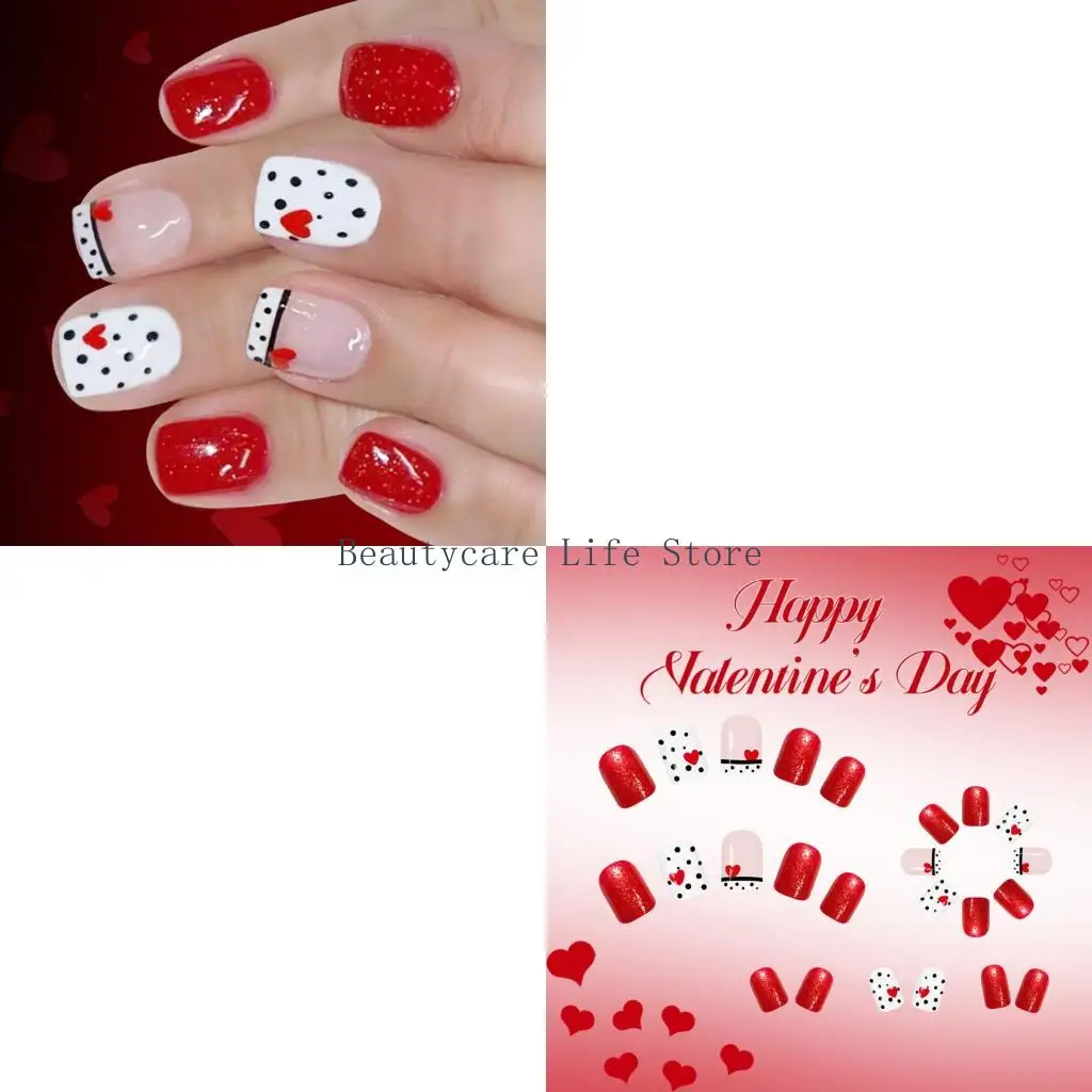 

652C French Manicure Fake Red Glitters 24pcs Short Square Valentines Press On