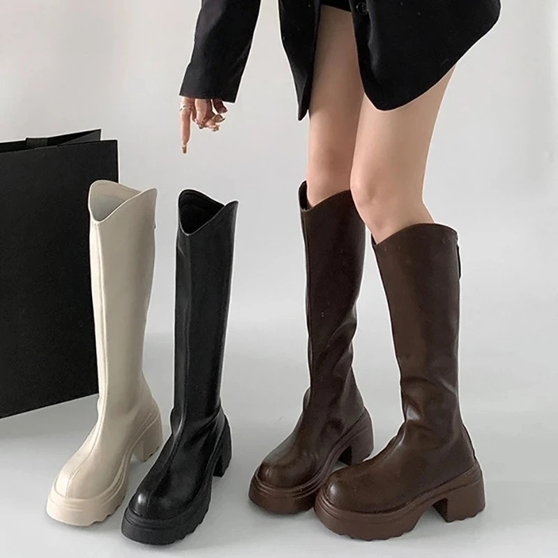 

Модные женские сапоги до колена на толстой подошве, осенне-зимняя обувь на платформе, увеличивающая рост, рыцарские длинные туфли