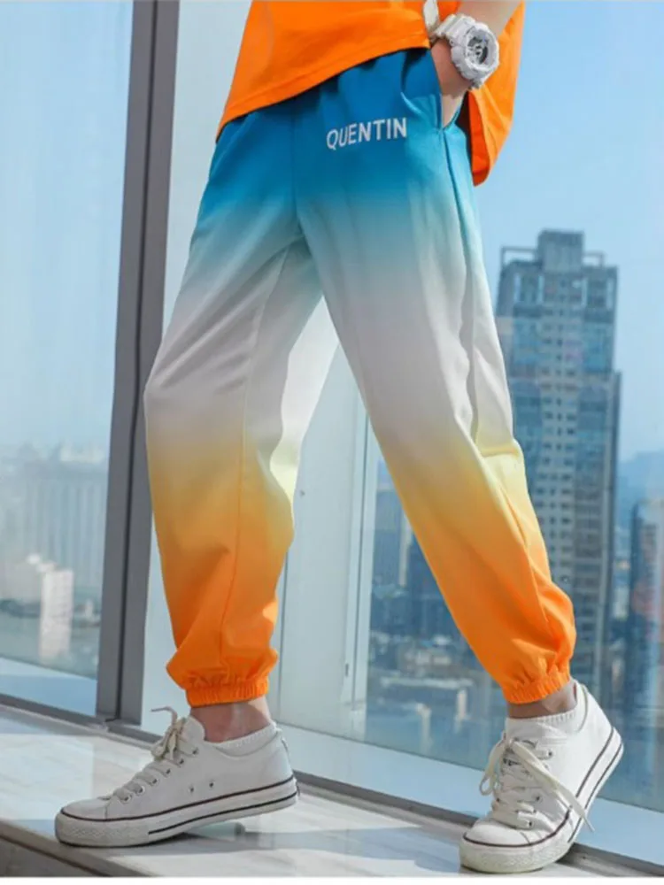 

2025 Boy's Spring Autumn Elastic High Waisted Pockets Gradient Casual Trousers Bloomers Contrast Color Preppy Style Causal Pants