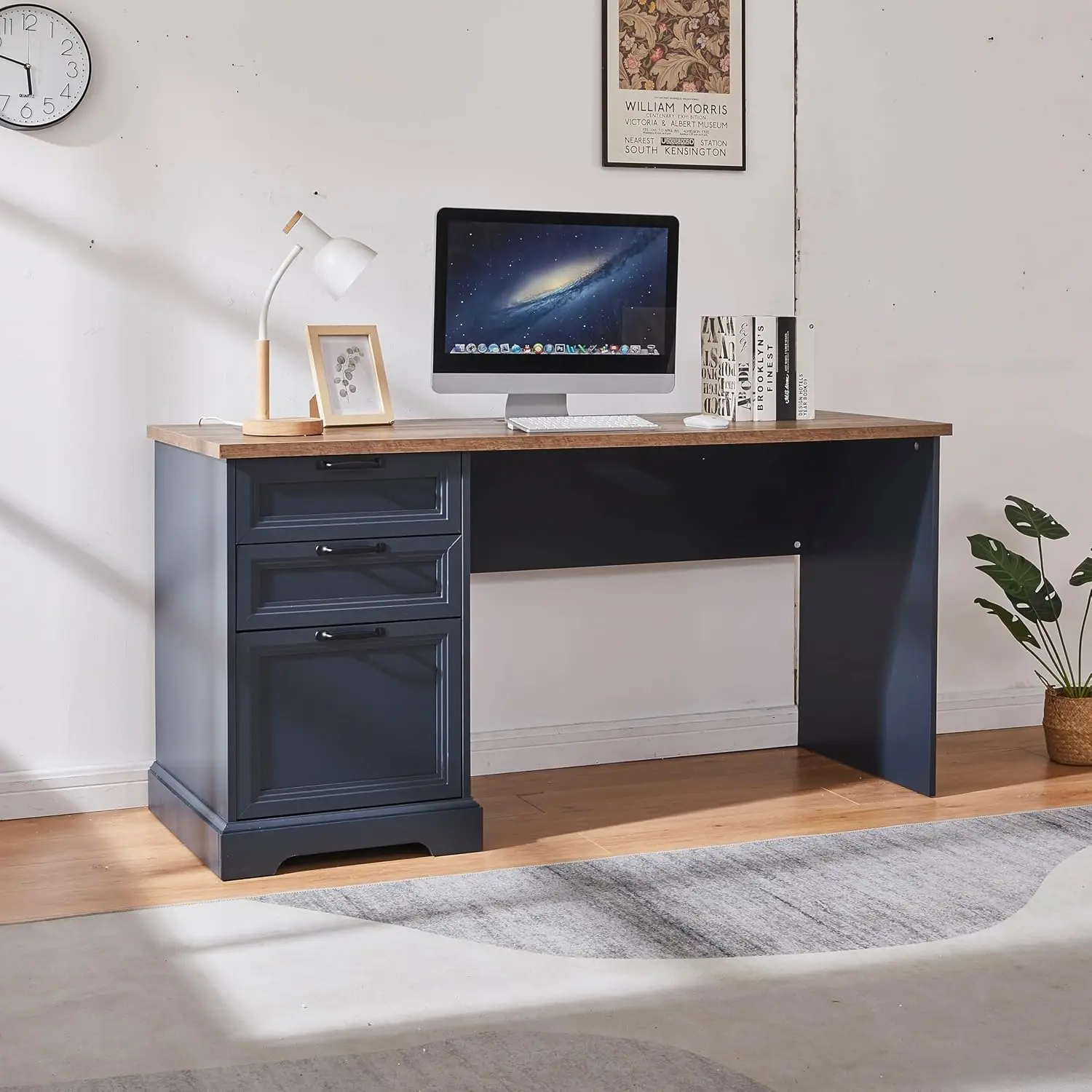 

60" Farmhouse Executive Desk With Charging Station 2 Drawers 1 File Cabinet Wood Work Desk Office Home, Customized