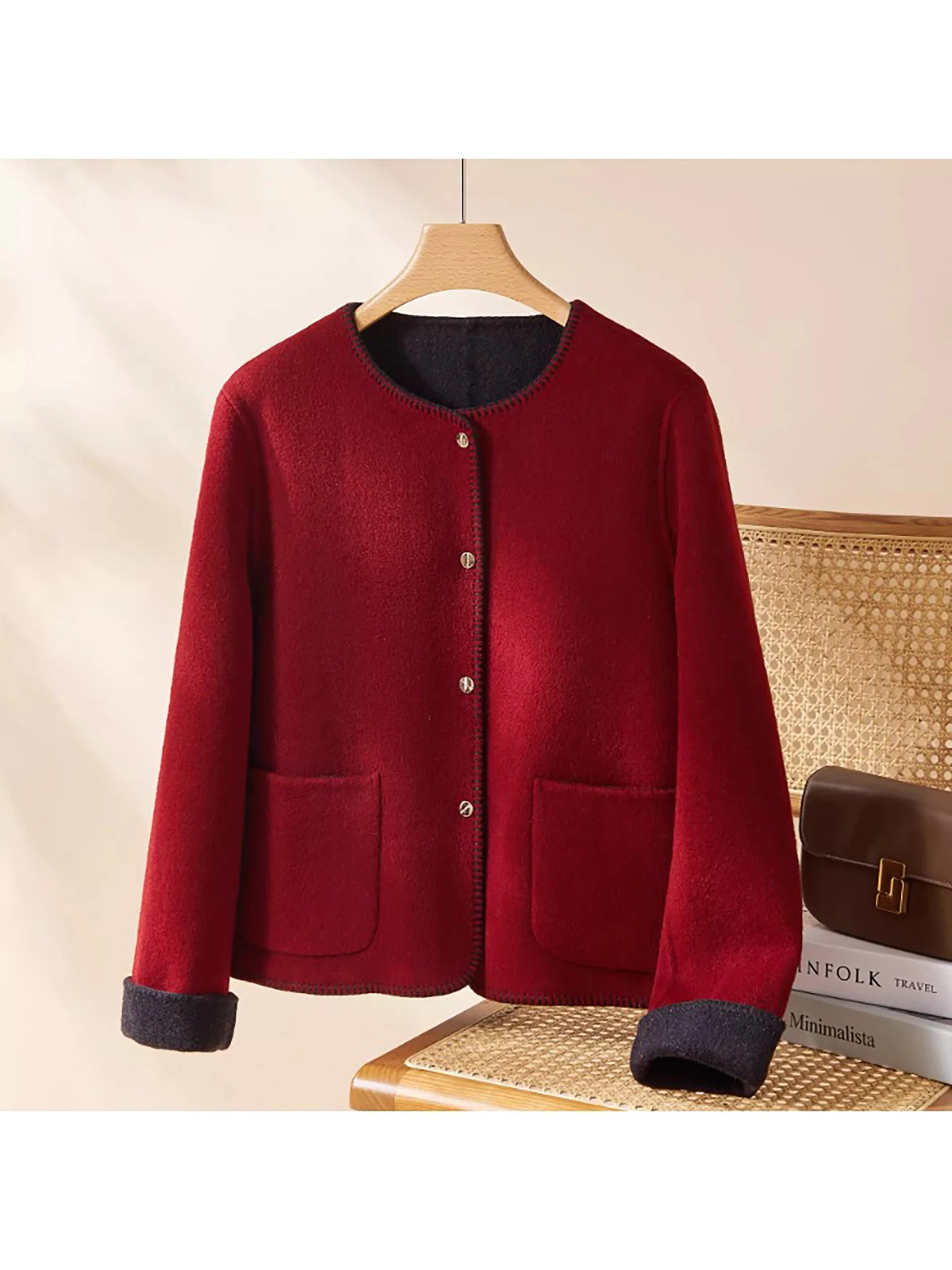 

Ele Double-Sided Woolen Coat Women's Faion ort Sle Luy Year Red Color Straight Cut Busin Casual Warmth Guaranteed