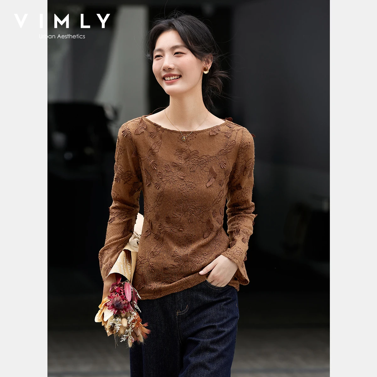

Женские коричневые джемперы VIMLY, вязаный комплект из двух предметов, осень 2025 г., винтажные пуловеры с вырезом в виде бабочки и 3d сердечком на бретельках A2990