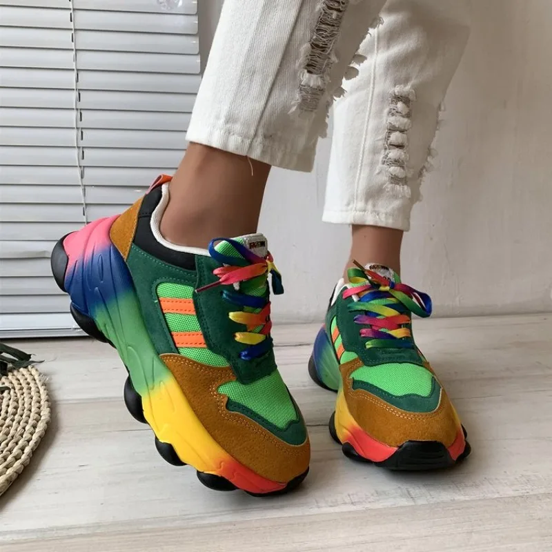 Sneakers Women\'s Platform Sports Shoes Rainbow Lace Up Multicolor Real Leather Vulcanize Shoes Casual Running Shoe Footwear