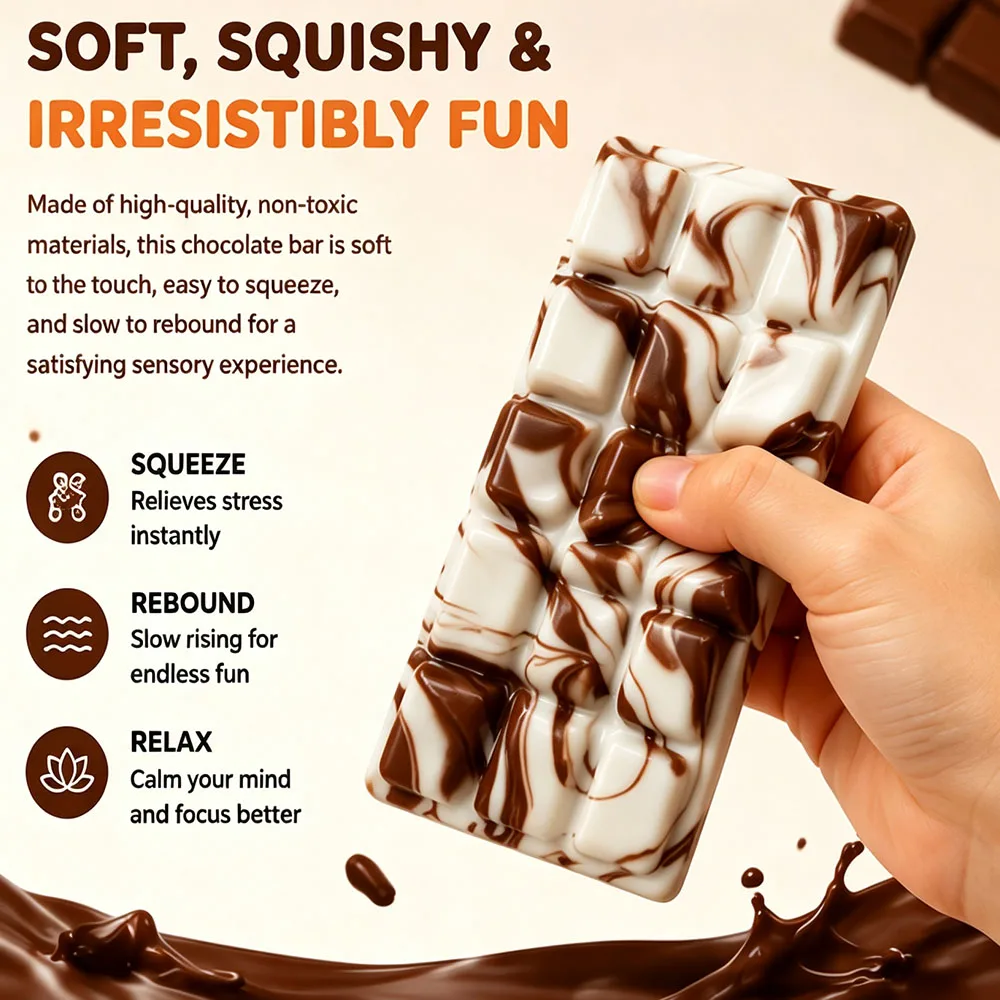 ASMR Tacky Texture Swirl Chocolate Bar Squishy Slow Rising Finger Grip Tactile Squeeze Prop Fake Food Desk Gadget Novelty Gift
