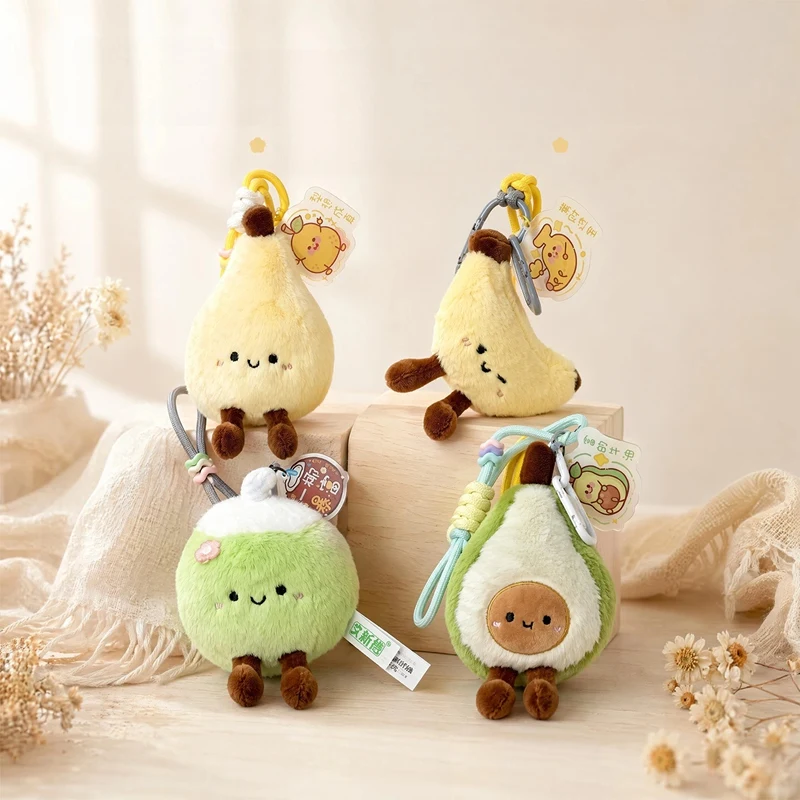 Kawaii Fruit Stuffed Keyring,   Plush Pear Banana Persimmon Peach Pendant, Decorative Woven Lanyard Bag Ornament for Gifts.