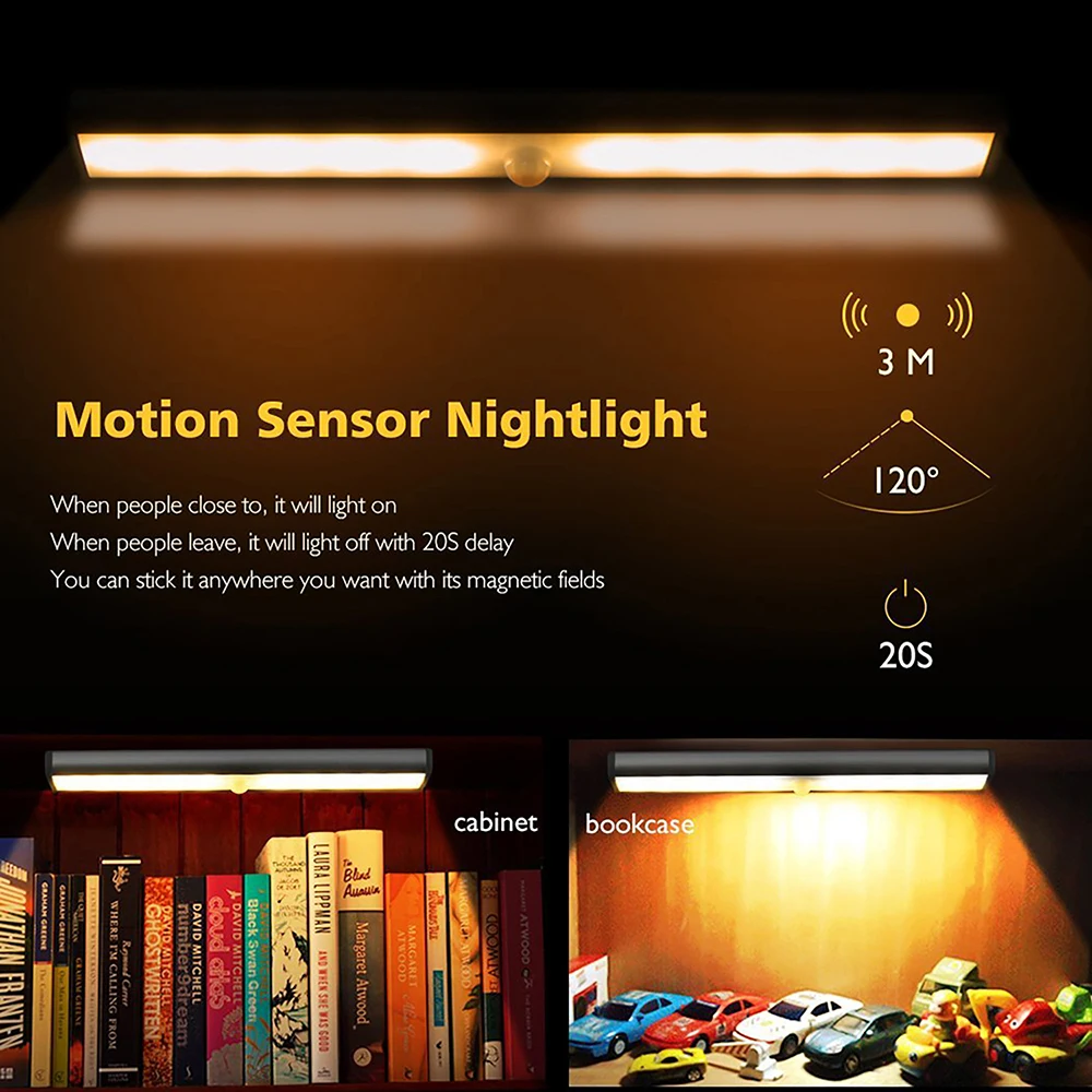20/30/40CM PIR Motion Sensor LED Under Cabinet Light USB Rechargeable PIR Motion Sensor Closet Lamp Kitchen Wardrobe Night Light