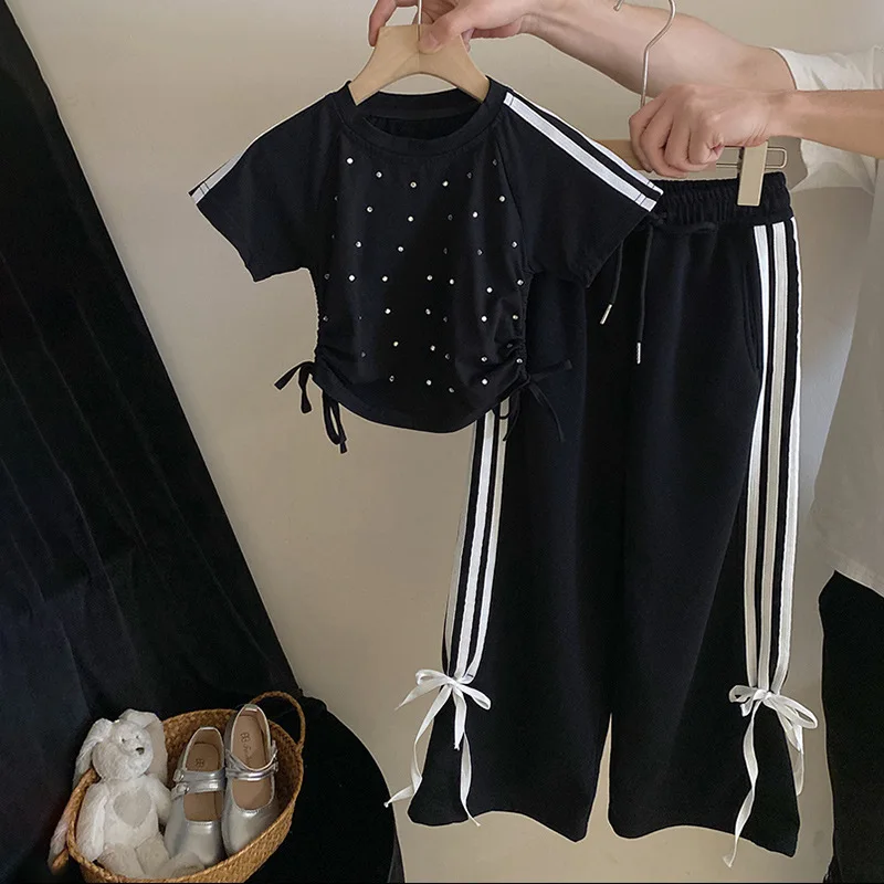 

Spring summer girls drawstring short-sleeved T-shirt casual pants set girls summer wear children's sportswear two-piece set